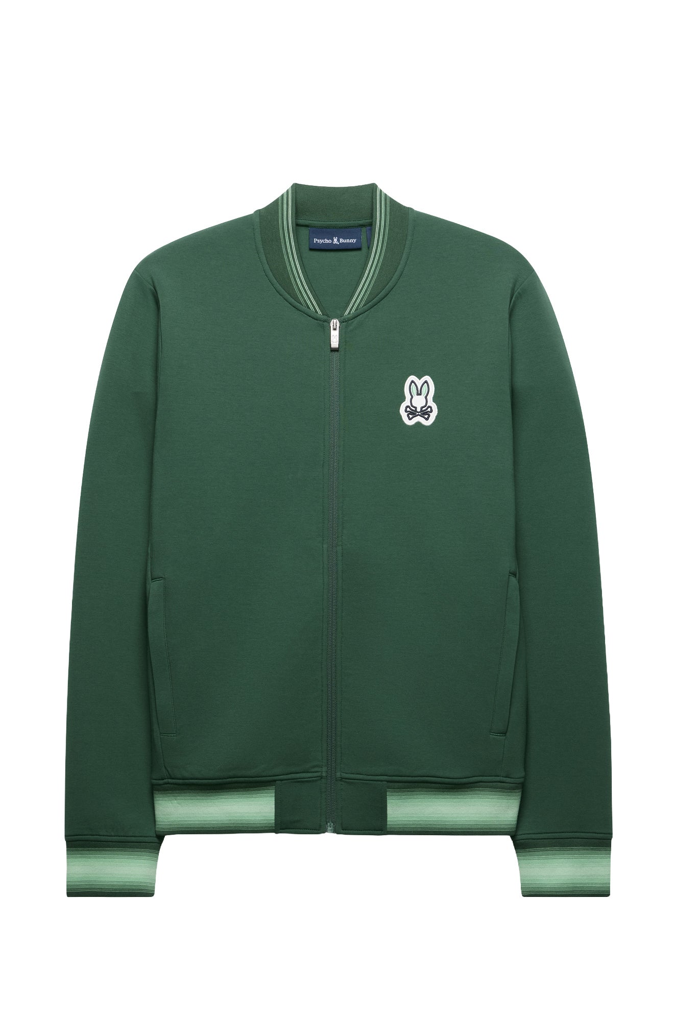 Psycho Bunny men's dark green full-zip bomber jacket with striped rib trims and chest patch, front product view