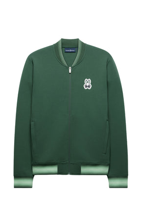Psycho Bunny men's dark green full-zip bomber jacket with striped rib trims and chest patch, front product view