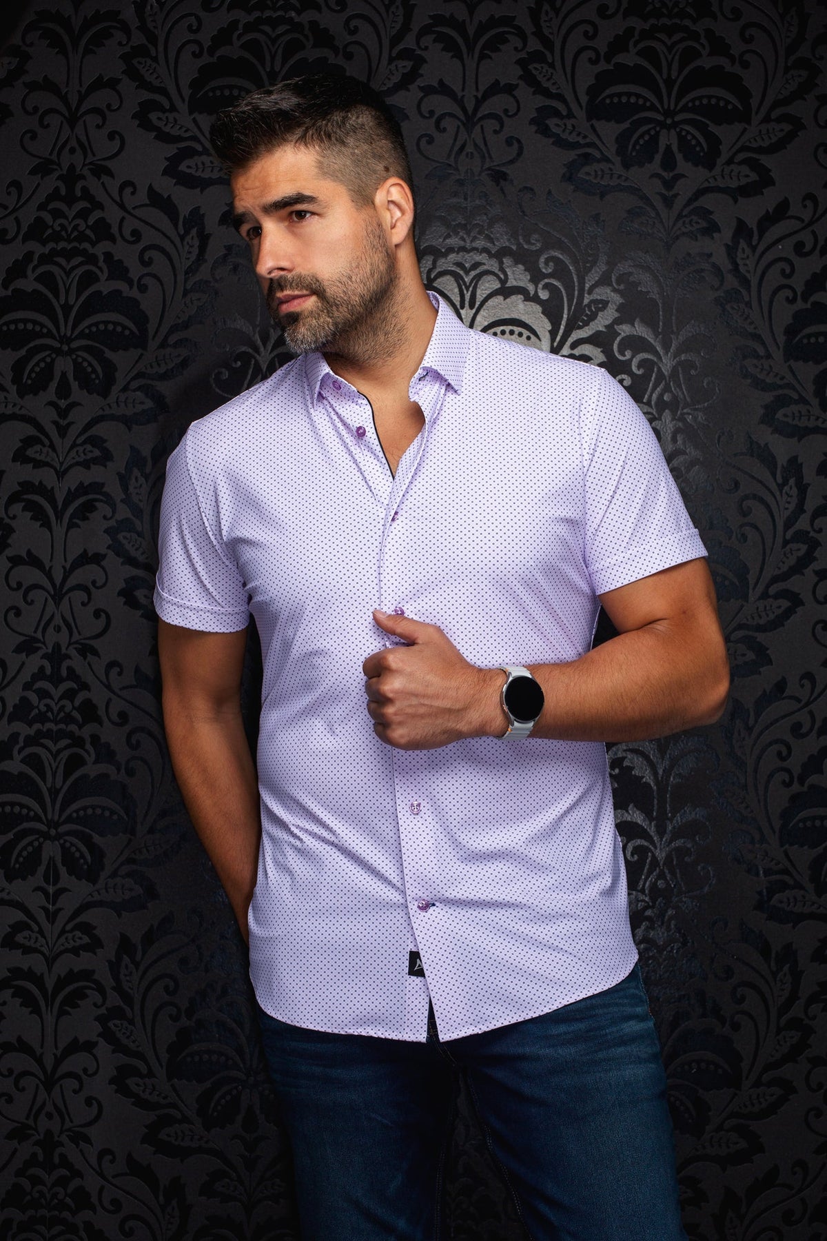 Chemise en nylon pour homme par Au Noir | NICK(SS) GEO Lavande | Boutique Vvög, vêtements mode pour homme et femme