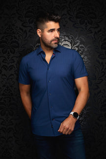 Chemise en nylon pour homme par Au Noir | NICK(SS) STRP Marine | Boutique Vvög, vêtements mode pour homme et femme