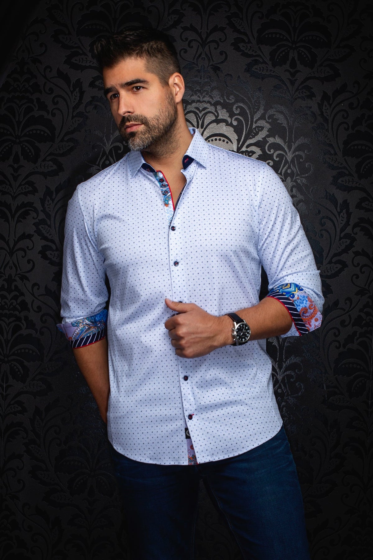 Chemise manches longues en Knit pour homme par Au Noir | OPTIMUS Blanc Bleu | Boutique Vvög, inventaire complet de la marque Au Noir