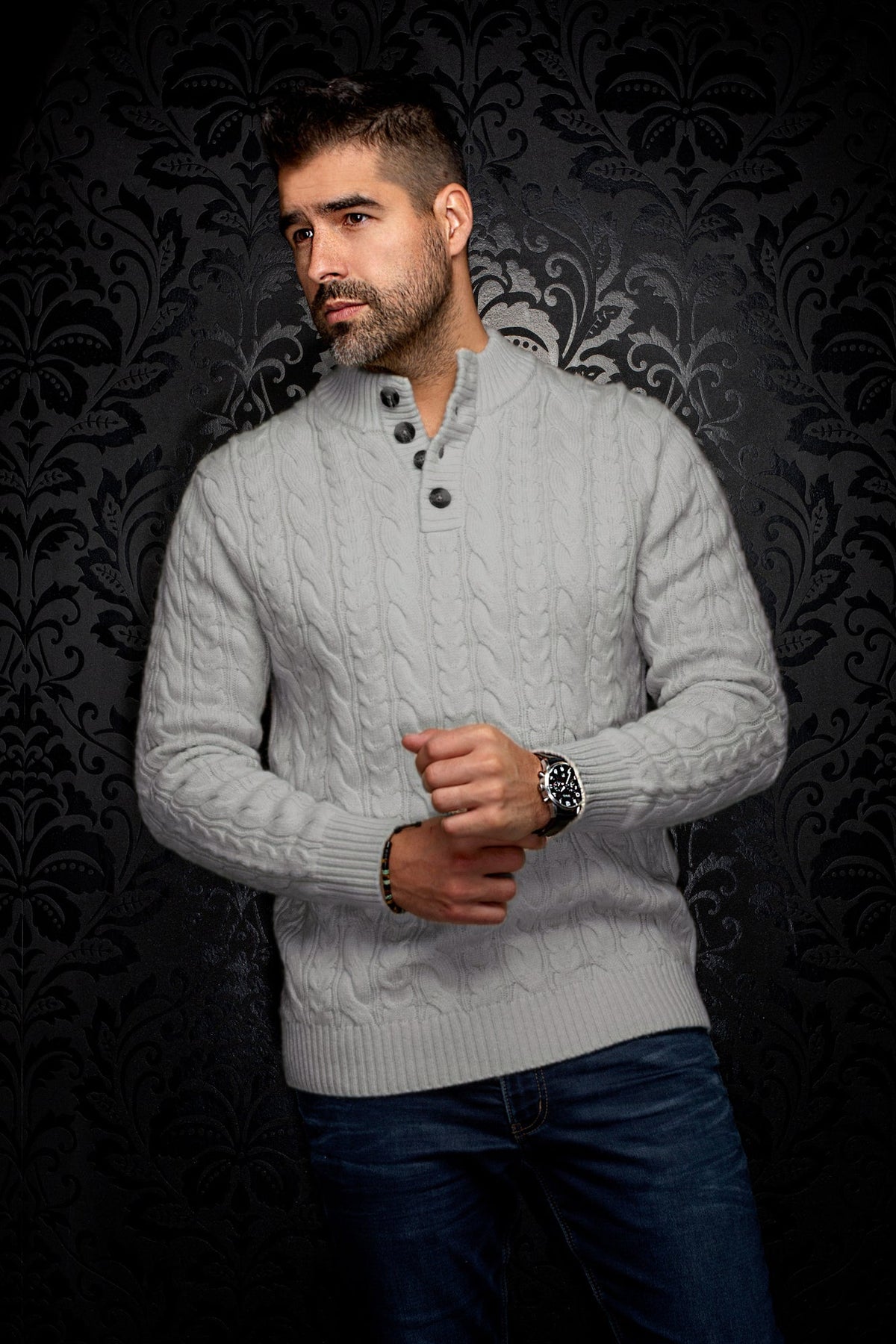 Chandail laine mérino à col boutonné pour homme par Au Noir | OSLO Gris Clair | Boutique Vvög, inventaire complet de la marque Au Noir