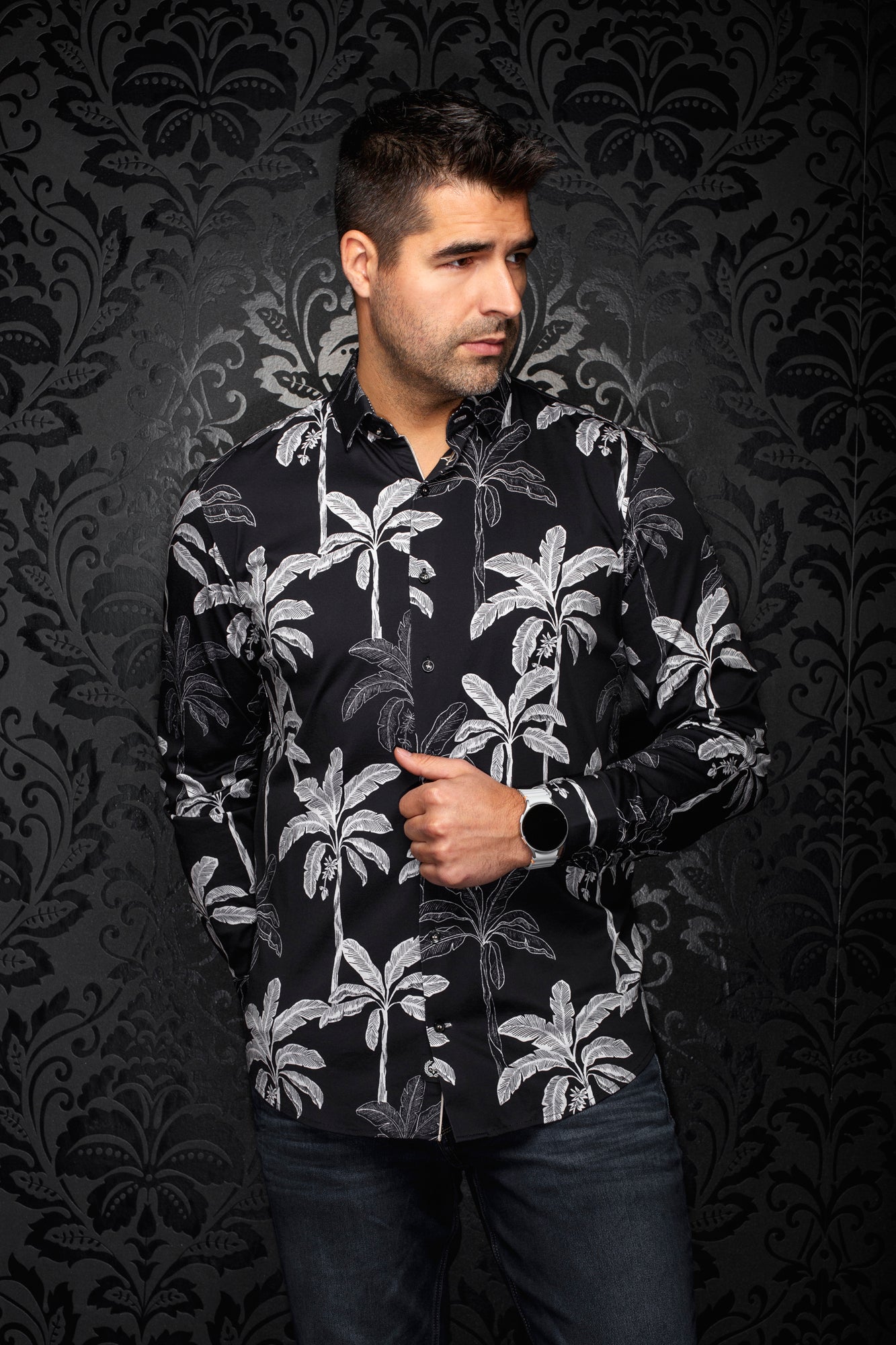 Chemise manches longues en Knit extensible pour homme par Au Noir | PALMWAVE Noir | Boutique Vvög, inventaire complet de la marque Au Noir