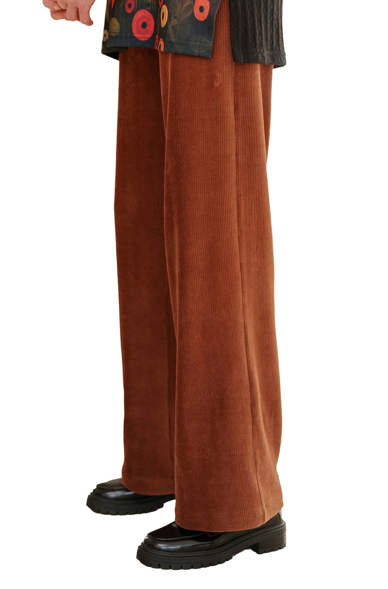 Rien ne se perd, tout se crée women's rust brown corduroy wide-leg pants showing straight leg and ribbed texture, side view
