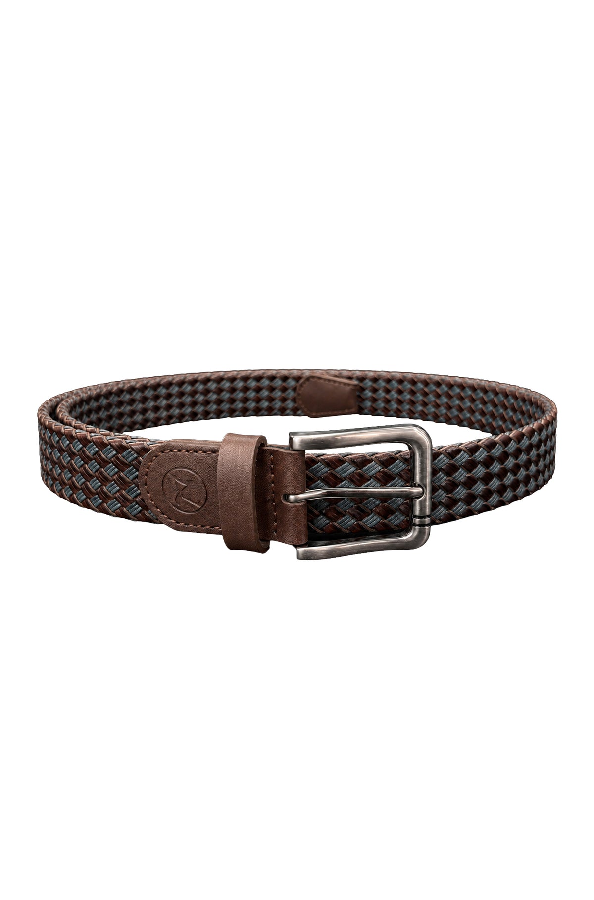 Ceinture tressée brune et bleue avec passant en cuir et boucle rectangulaire argentée, vue produit pour homme par Au Noir