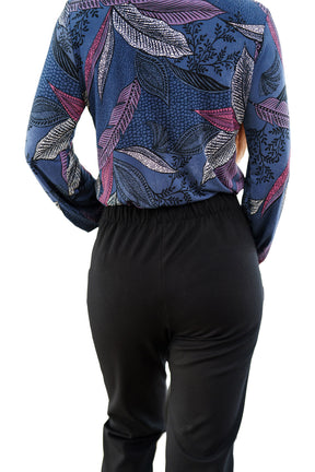 Rien ne se perd, tout se crée women's black straight-leg pants with elasticized waistband and clean back, back view