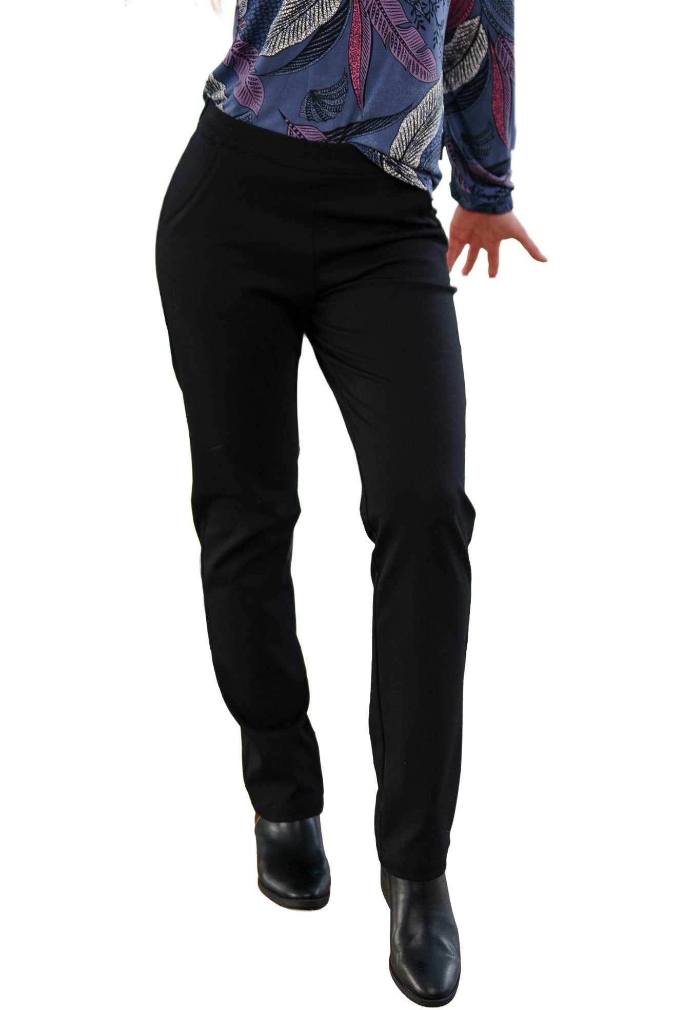 Rien ne se perd, tout se crée women's black straight-leg pants with smooth pull-on waistband, front view