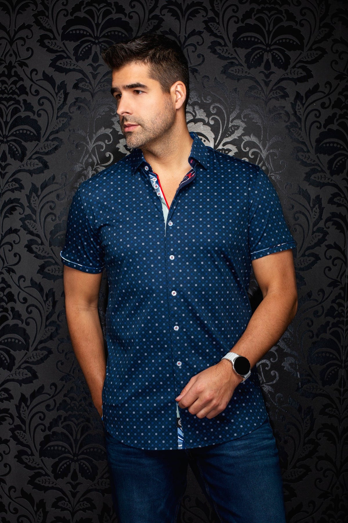 Chemise manches courtes en Knit extensible pour homme par Au Noir | PATMOS (SS) Marine | Boutique Vvög, inventaire complet de la marque Au Noir