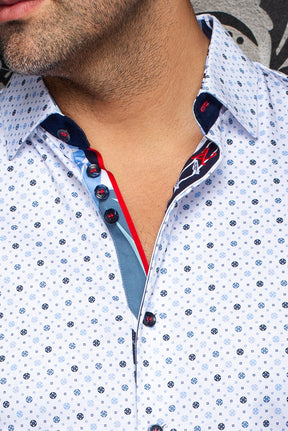 Chemise manches courtes en Knit extensible pour homme par Au Noir | PATMOS (SS) Blanc Bleu Pâle | Boutique Vvög, inventaire complet de la marque Au Noir