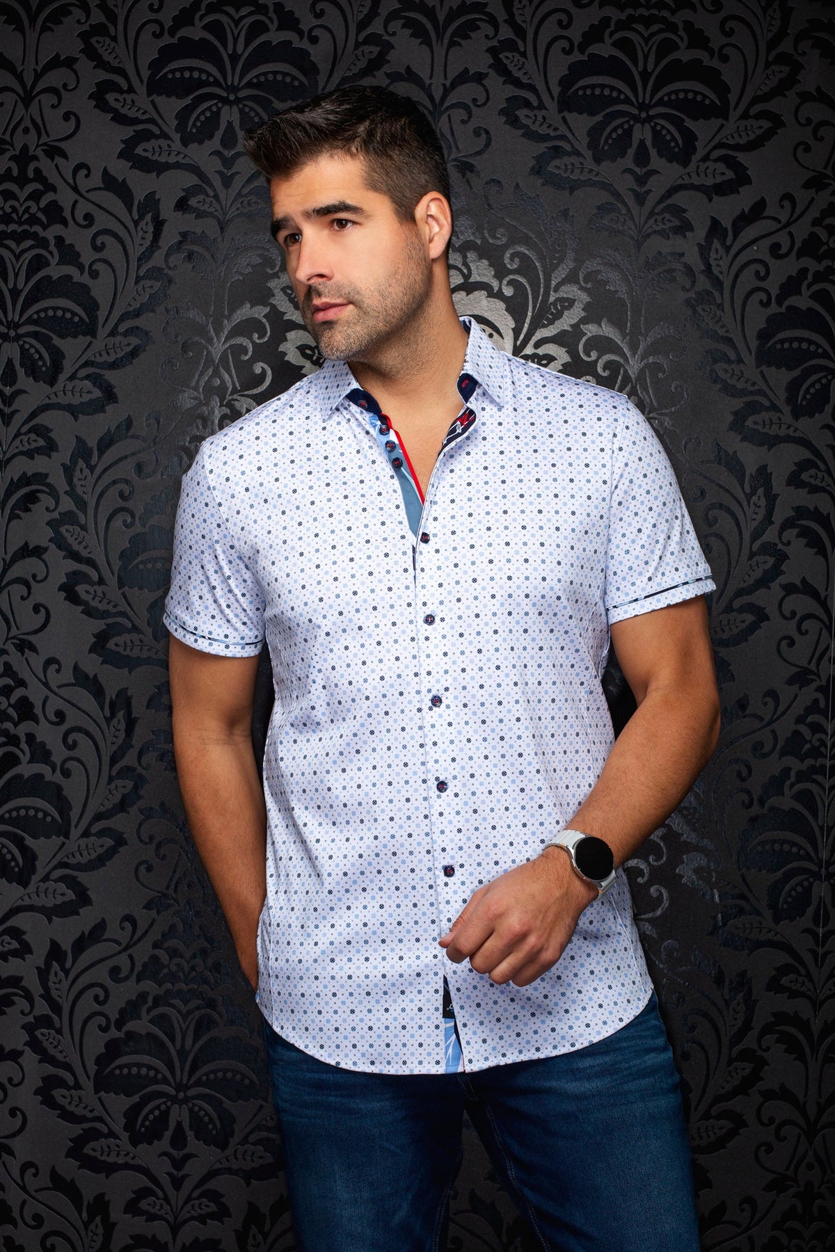 Chemise manches courtes en Knit extensible pour homme par Au Noir | PATMOS (SS) Blanc Bleu Pâle | Boutique Vvög, inventaire complet de la marque Au Noir