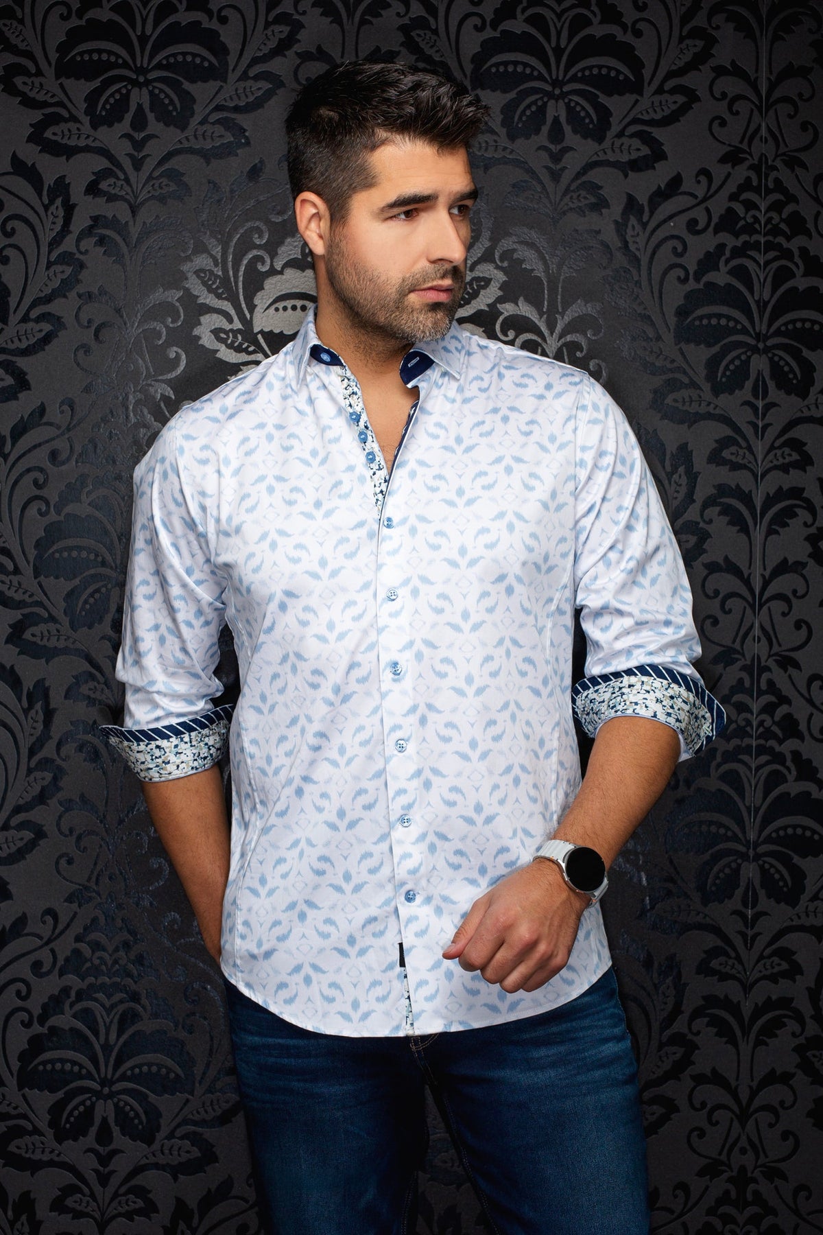 Chemise manches longues en coton extensible pour homme par Au Noir | PELOSA Blanc | Boutique Vvög, inventaire complet de la marque Au Noir