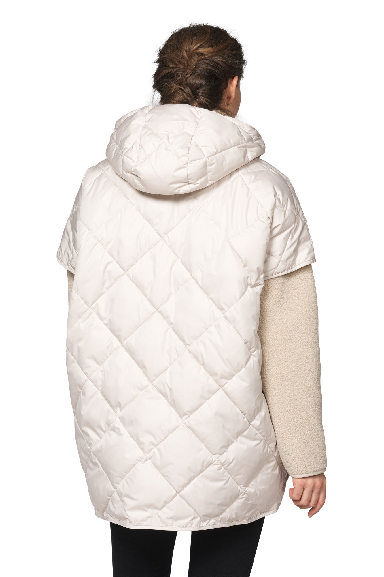 Ilse Jacobsen women's ivory quilted hooded vest with broad shoulders and rounded hem shown from the back
