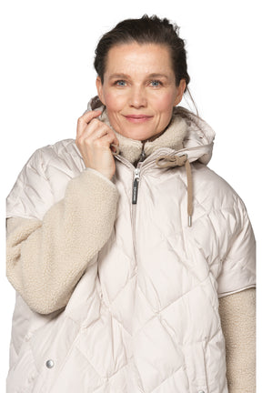 Ilse Jacobsen women's close front view of ivory quilted vest with hood, taupe drawcords and logo zipper pull