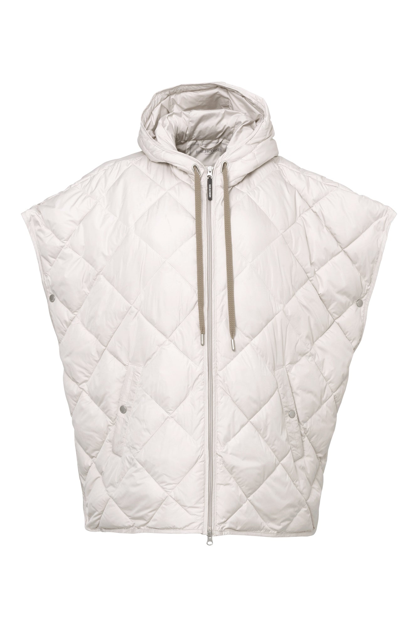 Isolated front view of women's ivory quilted sleeveless vest with hood, zipper and pockets by Ilse Jacobsen