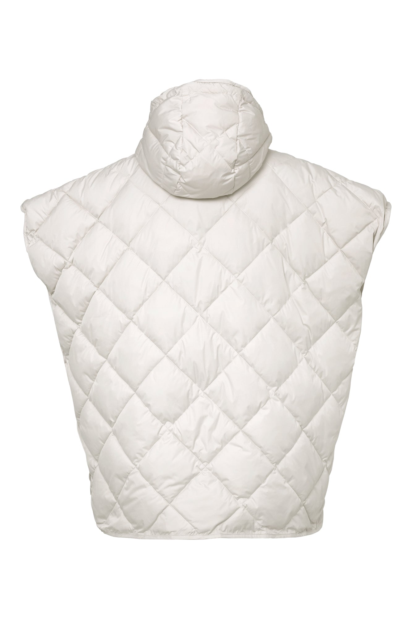 Ilse Jacobsen women's ivory quilted hooded vest with wide arm openings shown from the back