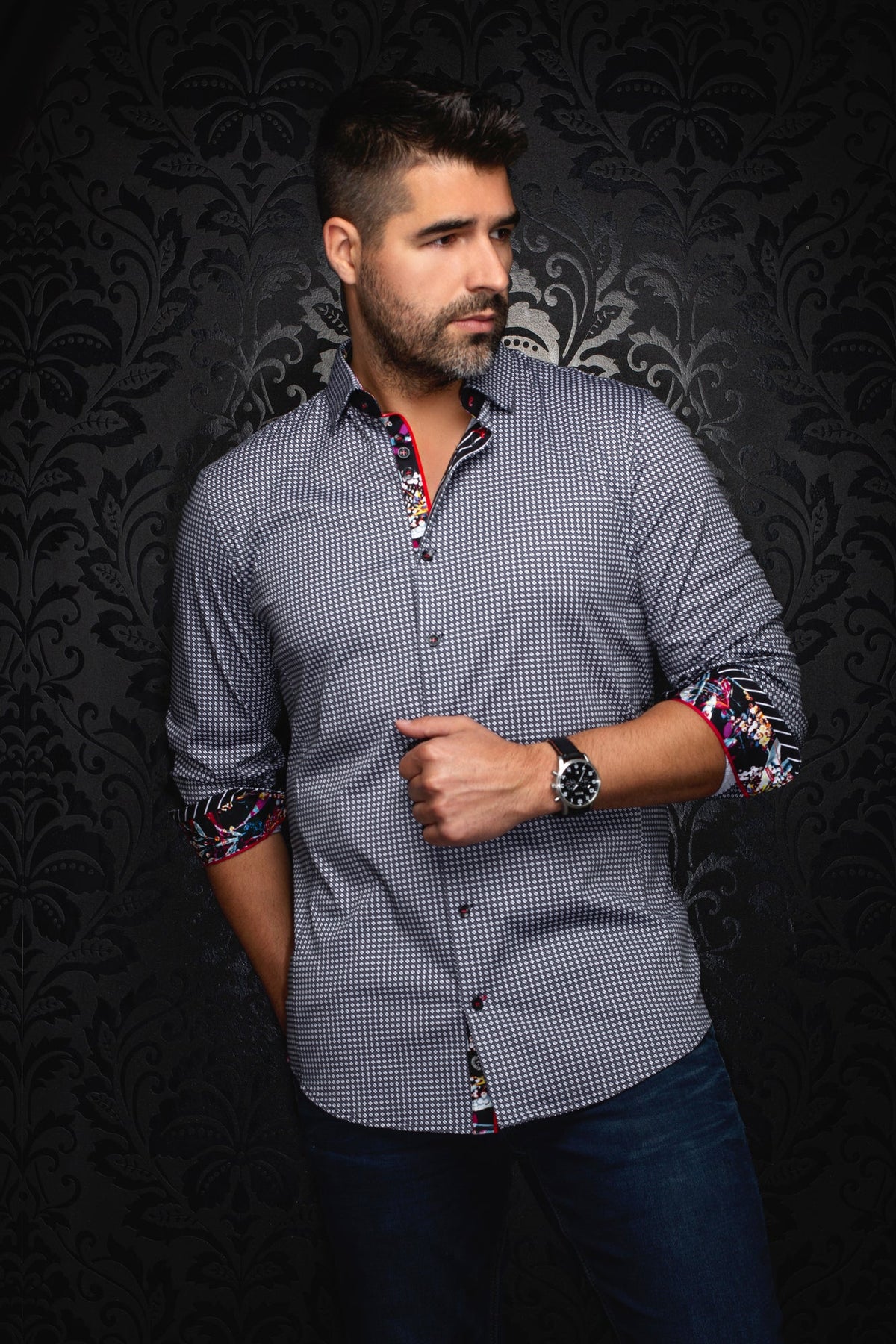 Chemise manches longues en Knit pour homme par Au Noir | POLGAR Gris Blanc | Boutique Vvög, inventaire complet de la marque Au Noir