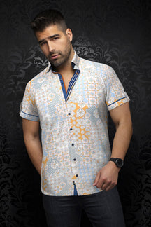 Short sleeve shirt for men by Au Noir | PRUCE(SS) White Pink Orange | Boutique Vvög, complete inventory of the Au Noir brand