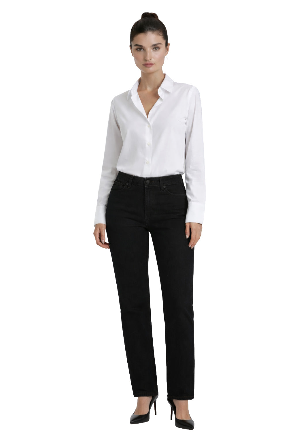 Carreli Jeans women's black straight-leg jeans with belt-loop waistband and front pockets on model, front view