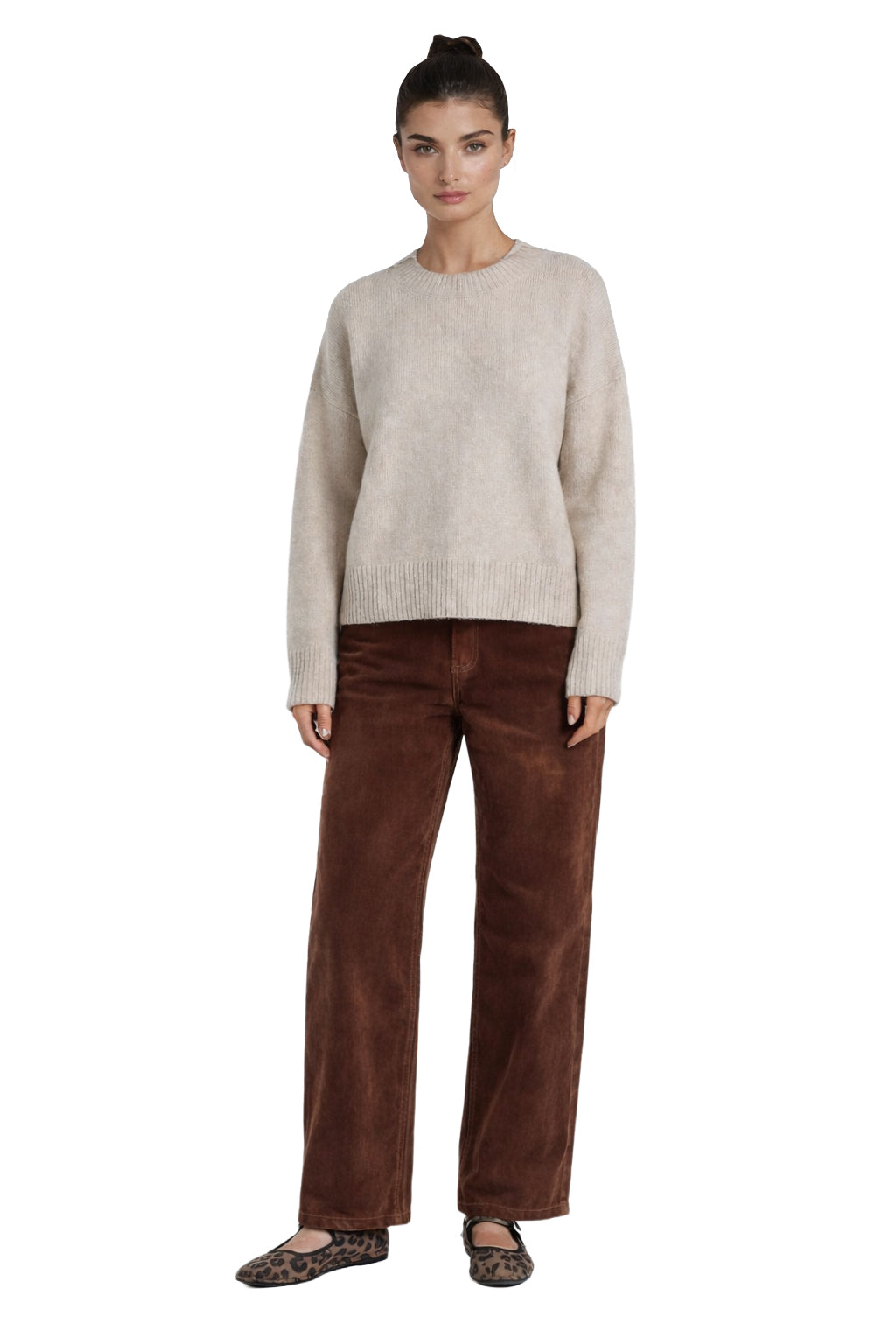 Carreli Jeans women's brown straight-leg pants with visible fly seam and full-length hems shown from the front
