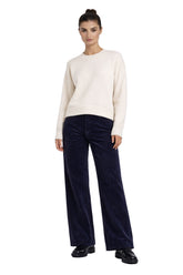 Carreli Jeans women's dark navy wide-leg straight-leg pants with visible front pockets, styled, front view