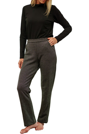 Women's angled front view of dark charcoal textured straight-leg pants with wide waistband by Rien ne se perd, tout se crée