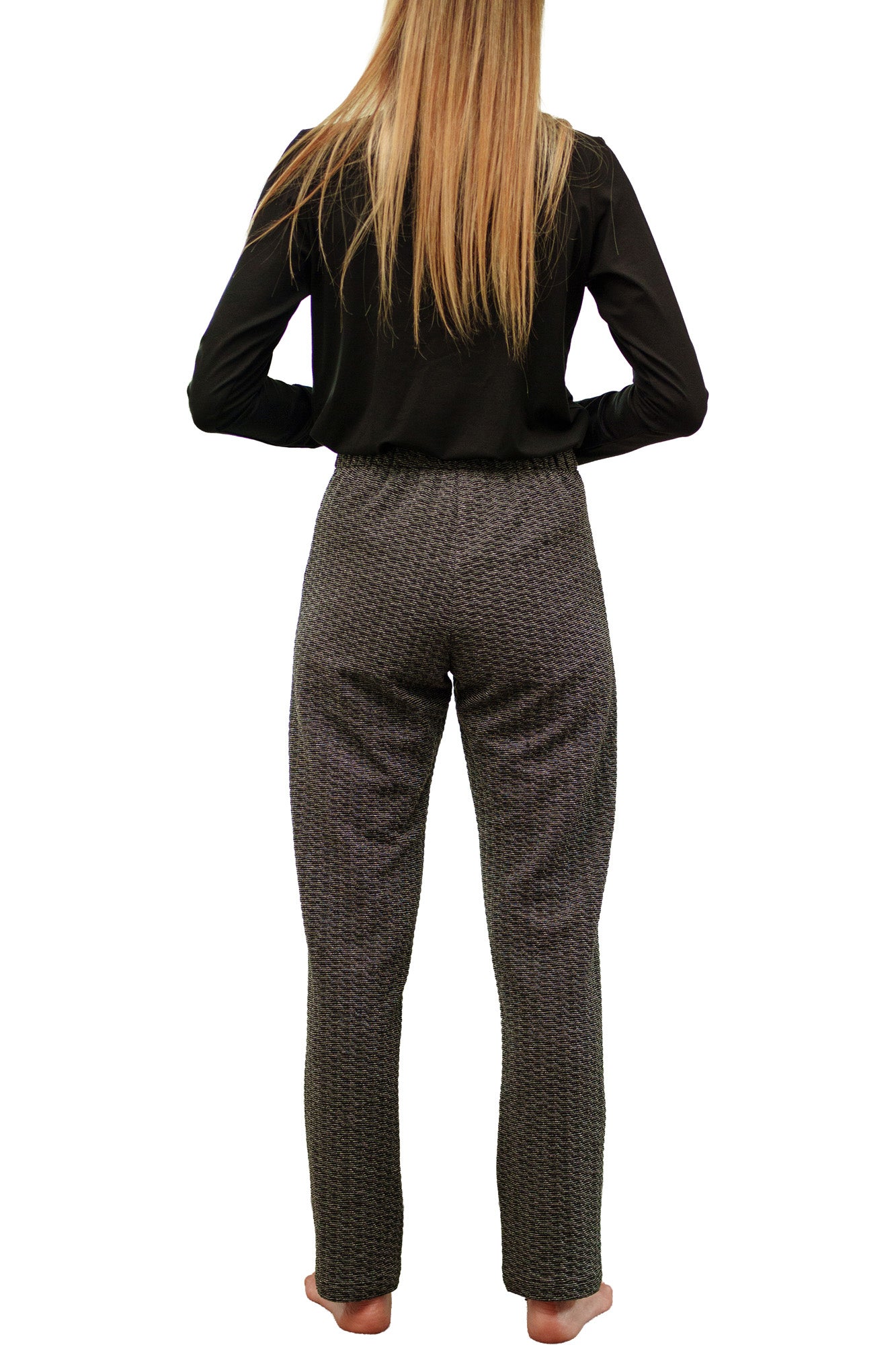 Rien ne se perd, tout se crée women's dark charcoal textured pull-on straight-leg pants with fine light stripes, back view