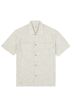 Surchemise boutonnée beige à manches courtes, vue de face, poches poitrine et texture tissée pour homme par Garcia