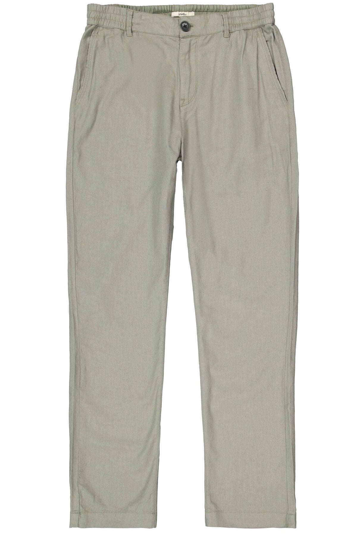 Vue avant du pantalon droit olive pâle avec panneaux élastiques à la taille et poches obliques pour homme par Garcia