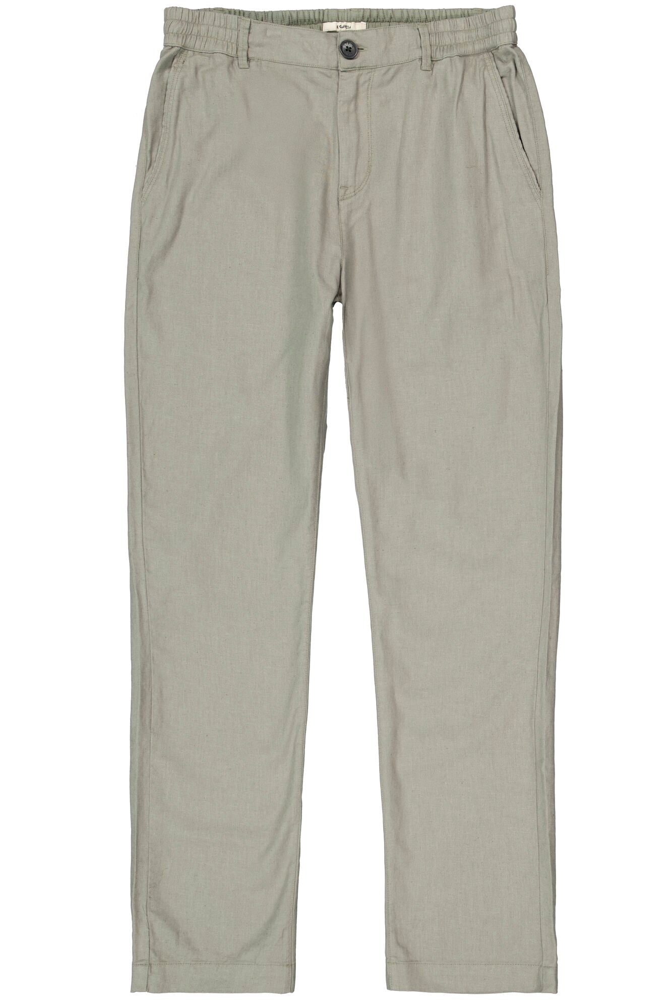 Vue avant du pantalon droit olive pâle avec panneaux élastiques à la taille et poches obliques pour homme par Garcia