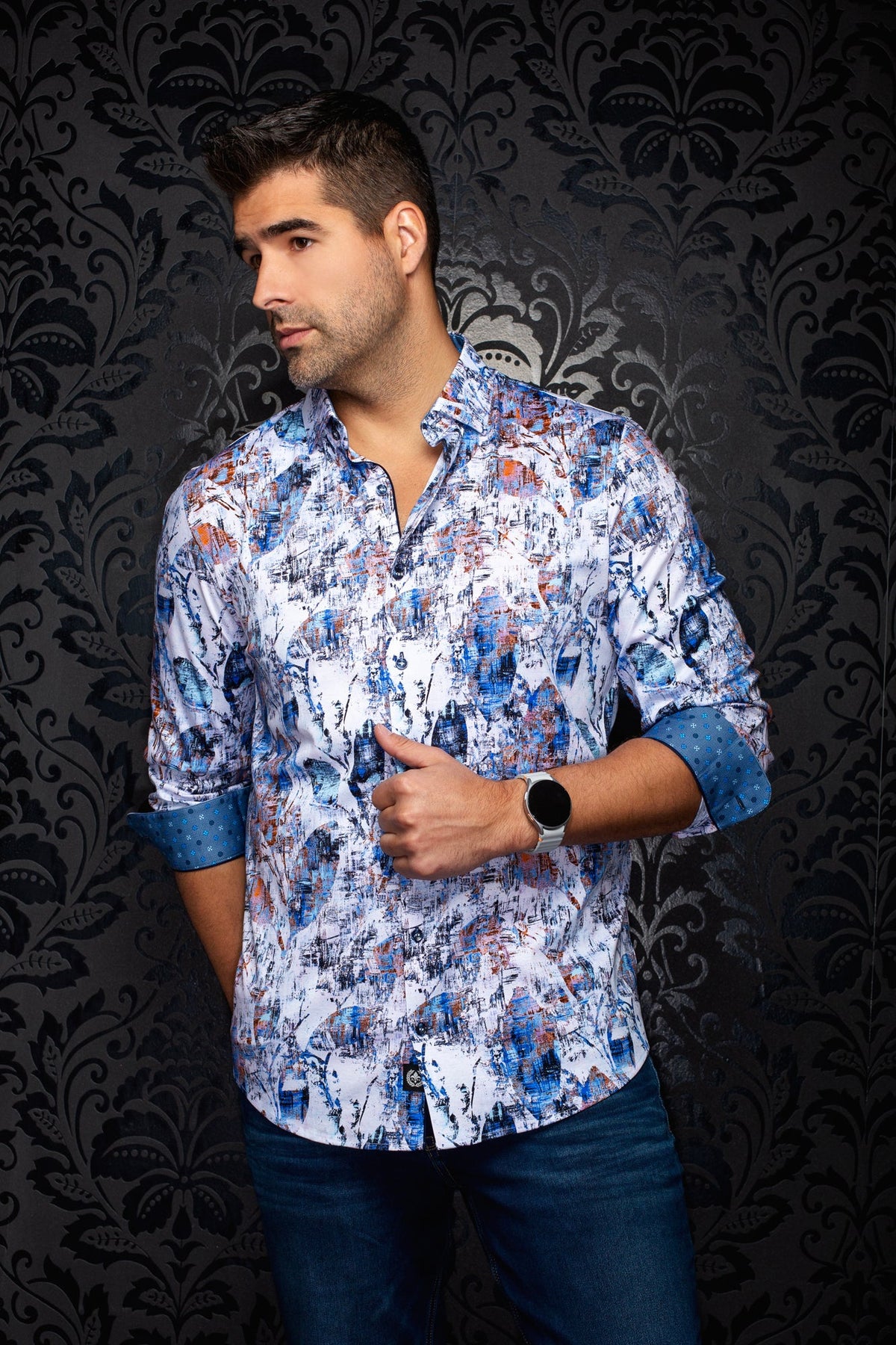 Chemise manches longues en Knit extensible pour homme par Au Noir | RAY Blanc Multi | Boutique Vvög, inventaire complet de la marque Au Noir