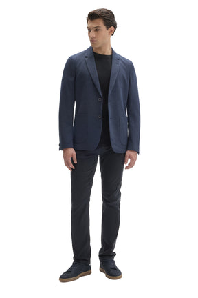 Robert Barakett men's full front view of navy textured sport blazer worn open over a black crewneck with dark pants
