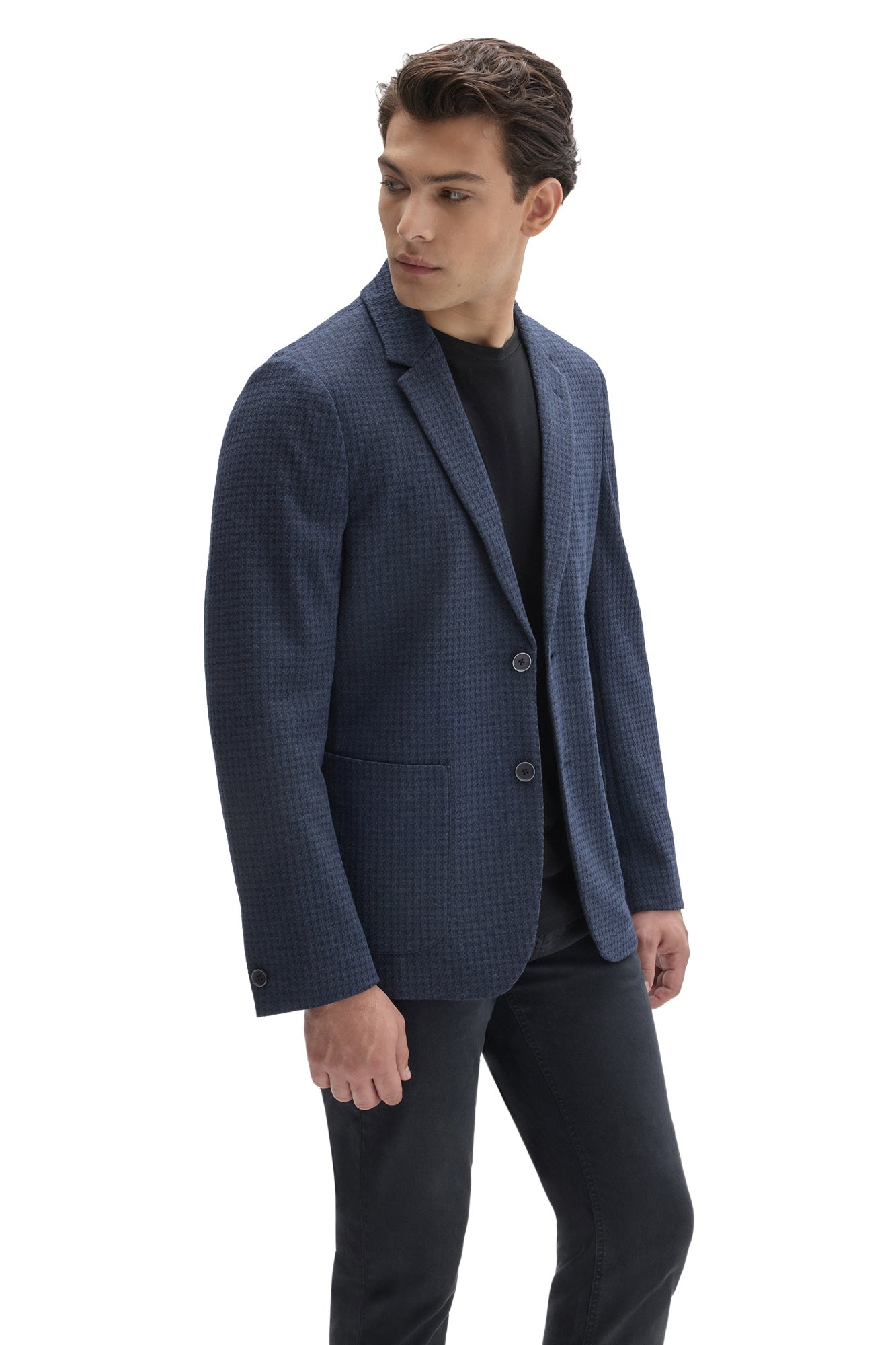 Robert Barakett men's angled front view of navy textured sport blazer with two-button closure, patch pocket, and cuff button