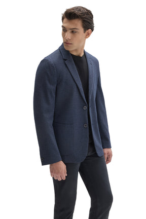 Robert Barakett men's angled front view of navy textured sport blazer with two-button closure, patch pocket, and cuff button