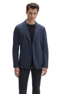 Robert Barakett men's navy textured sport blazer with notched lapels, two buttons, and patch pockets, front view
