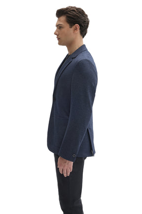 Robert Barakett men's navy textured sport blazer showing notched lapel, patch pocket, side vent, and cuff button, side view