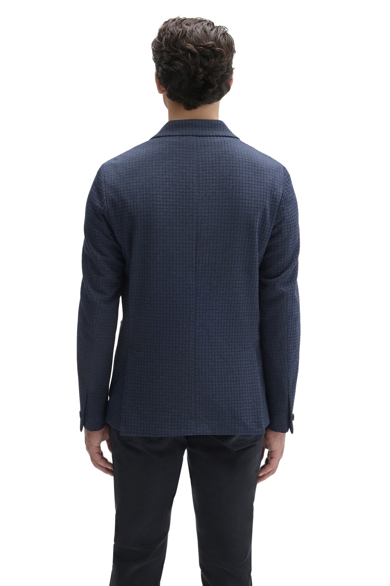 Robert Barakett men's navy textured sport blazer with notched collar, center seam, and single vent, back view