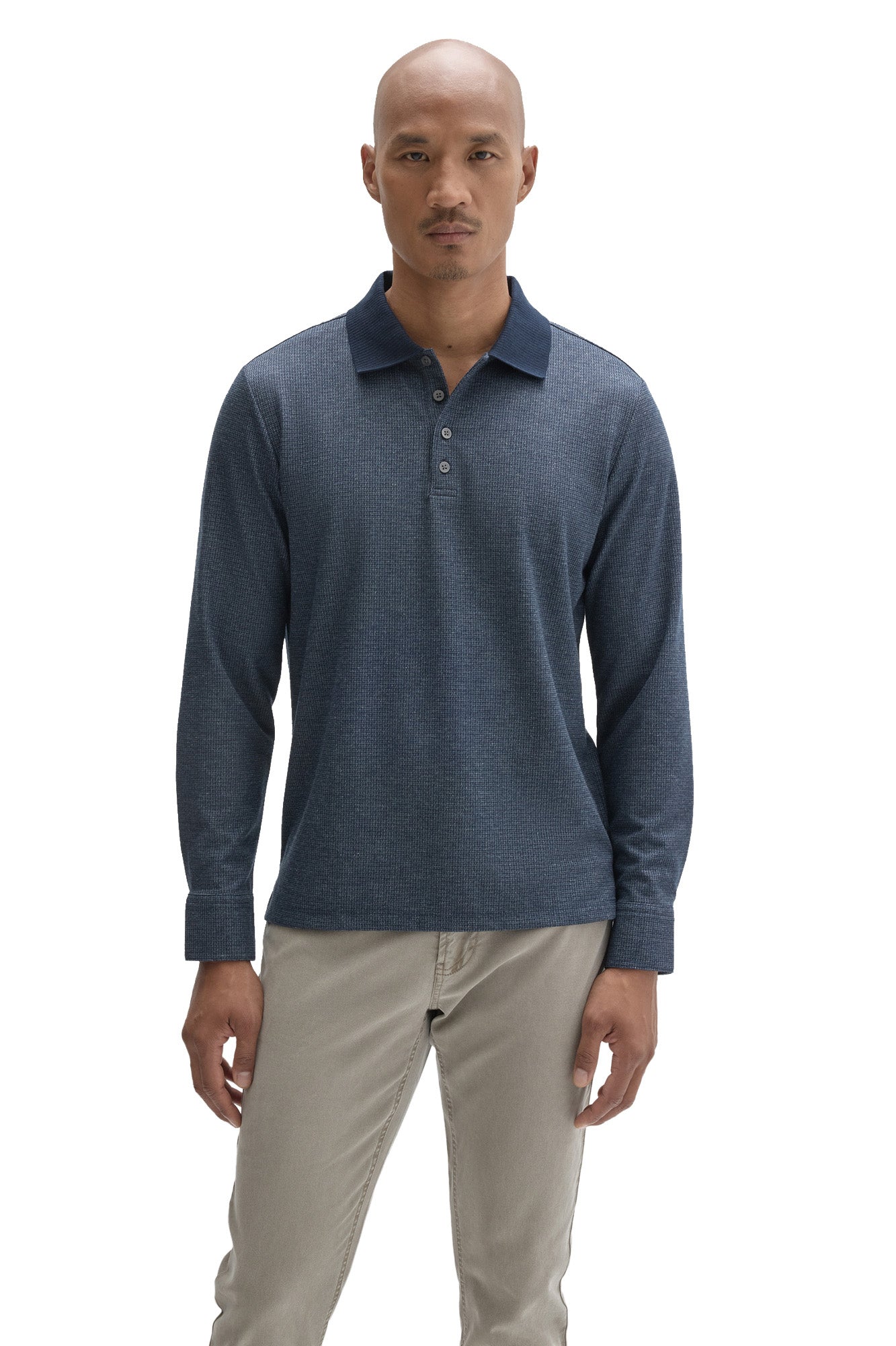 Robert Barakett men's blue textured long sleeve polo with dark ribbed collar and button placket shown from the front