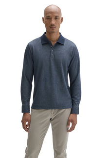 Robert Barakett men's blue textured long sleeve polo with dark ribbed collar and button placket shown from the front