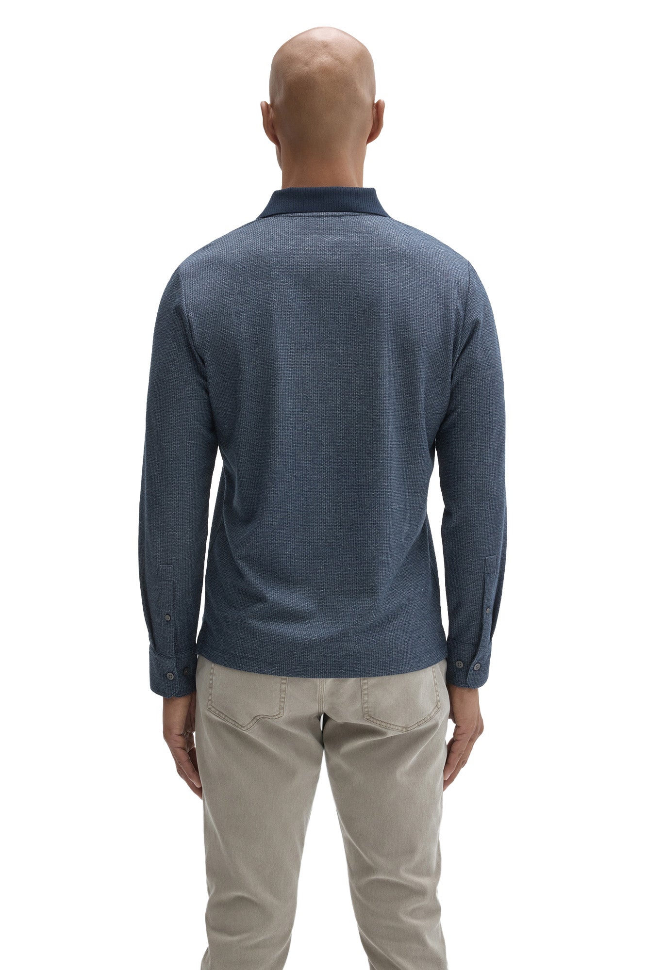 Robert Barakett men's blue textured long sleeve polo with dark ribbed collar and buttoned cuffs, back view
