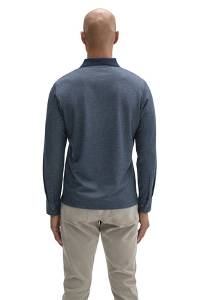 Robert Barakett men's blue textured long sleeve polo with dark ribbed collar and buttoned cuffs, back view