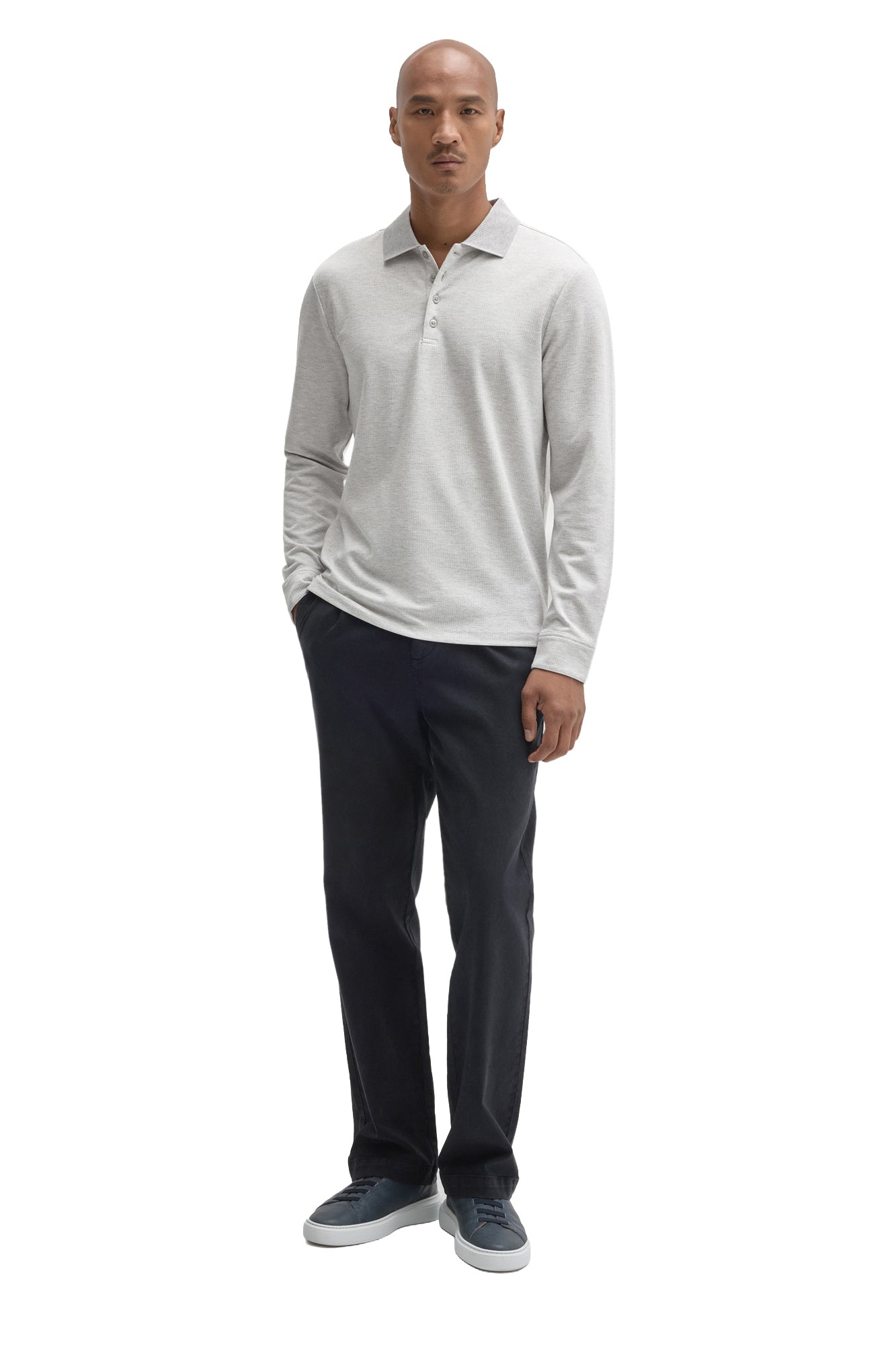 Men's full front view of a light grey long sleeve polo with button placket and straight hem by Robert Barakett