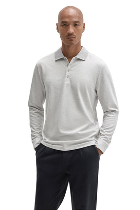 Robert Barakett men's light grey long sleeve polo with ribbed collar and button placket shown from the front