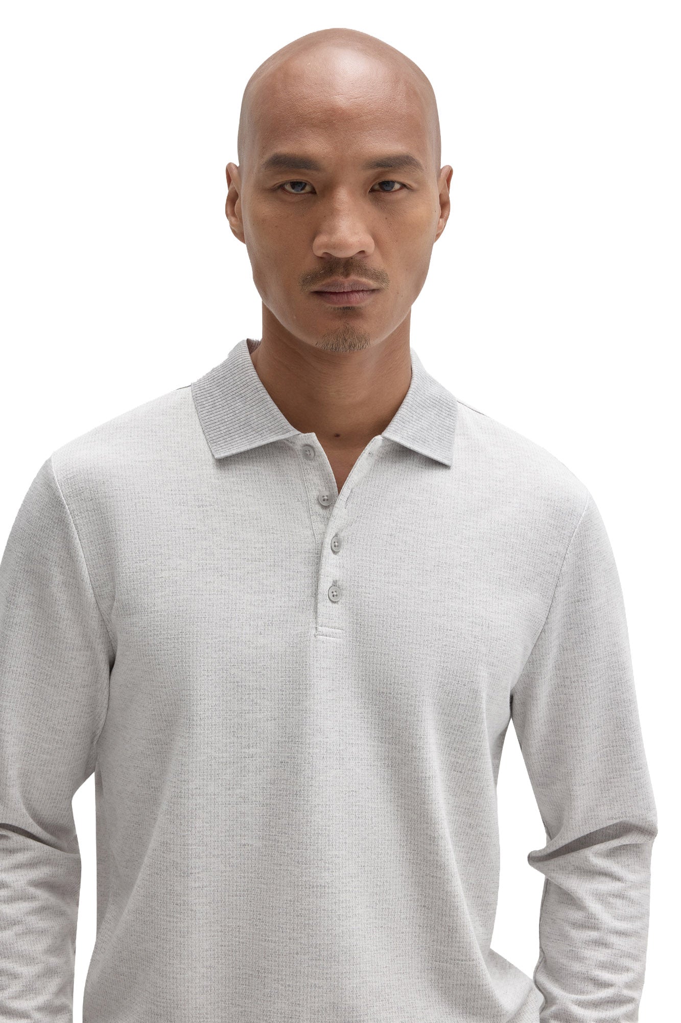 Robert Barakett men's close front detail of a light grey long sleeve polo with ribbed collar and buttons
