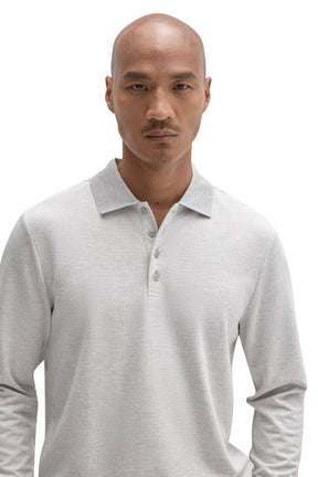 Robert Barakett men's close front detail of a light grey long sleeve polo with ribbed collar and buttons