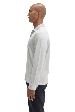 Robert Barakett men's light grey long sleeve polo showing textured fabric and buttoned cuff, side view