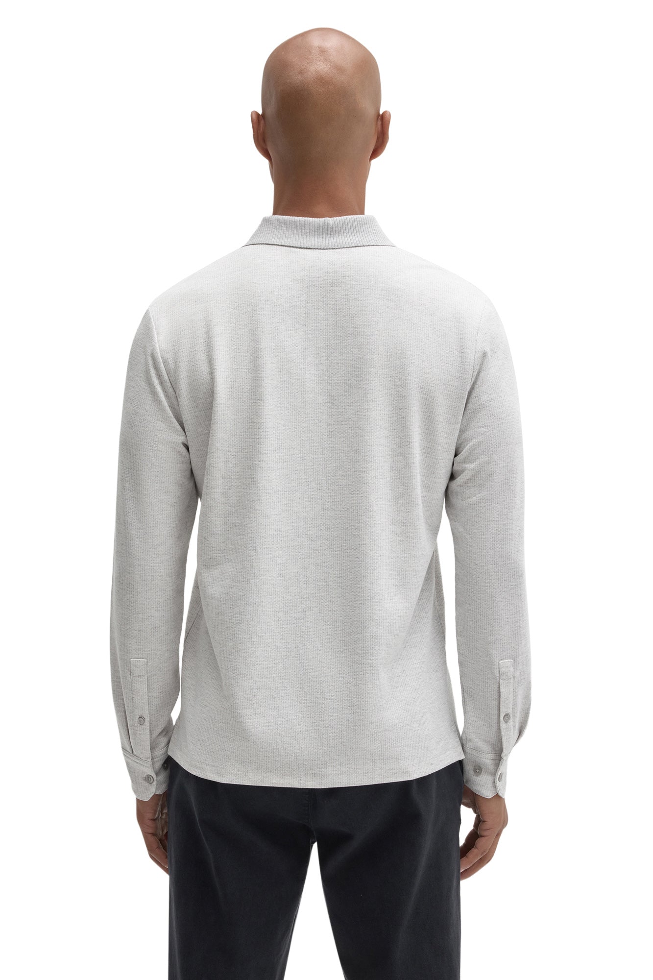 Robert Barakett men's light grey long sleeve polo with ribbed collar and buttoned cuffs, back view