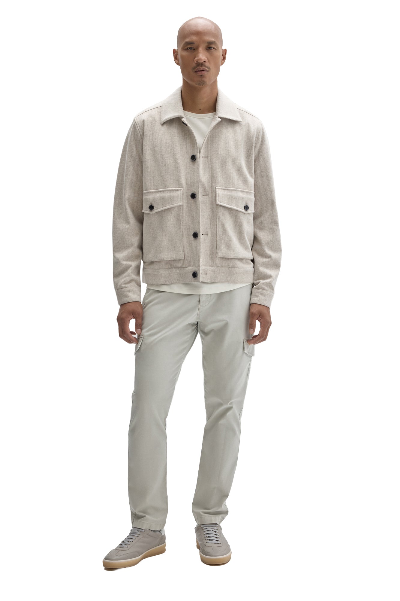 Robert Barakett men's full front view of cream textured button-front jacket with flap pockets and dark buttons