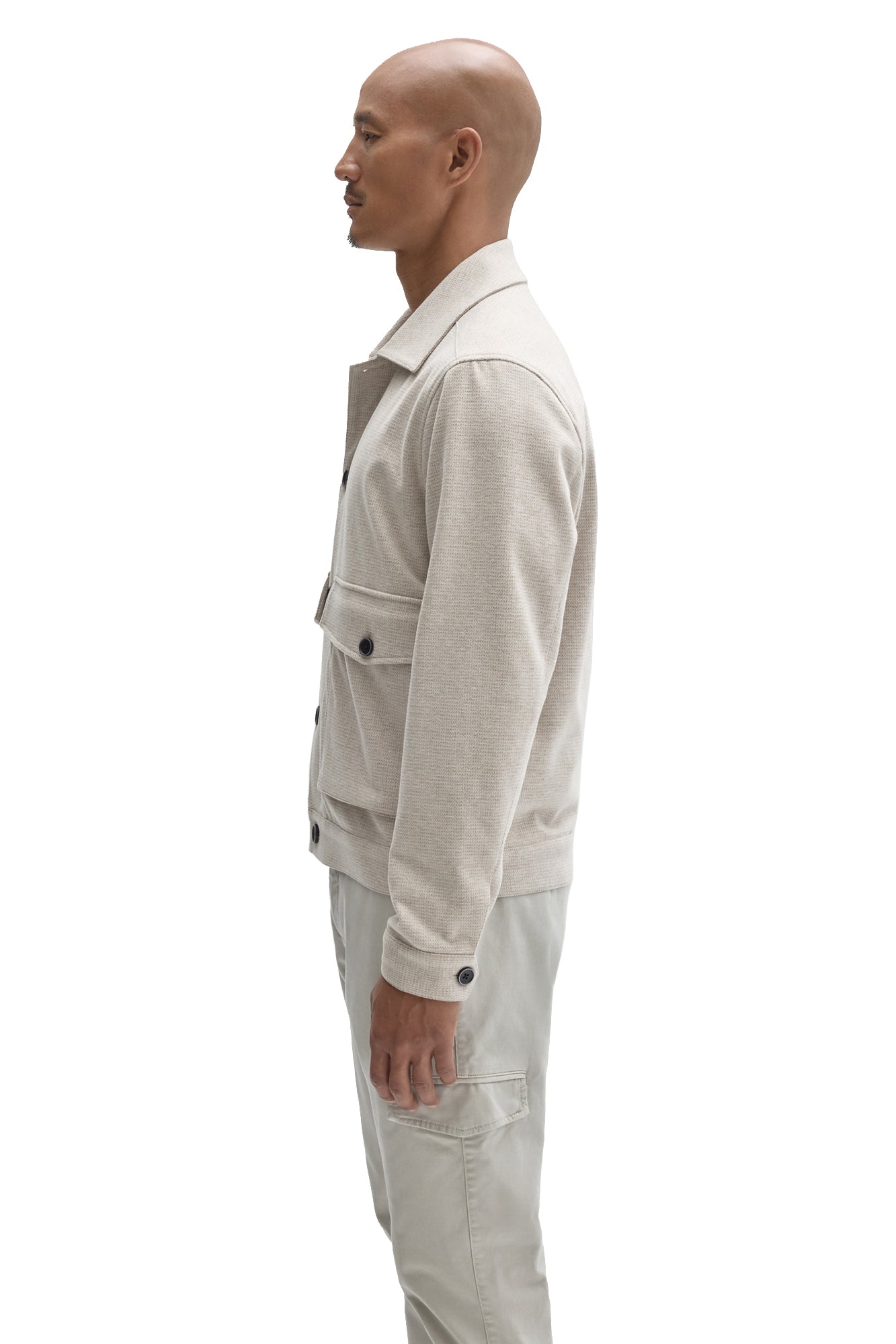 Robert Barakett men's cream textured button-front jacket with flap pocket, dark buttons and cuff tab, side view