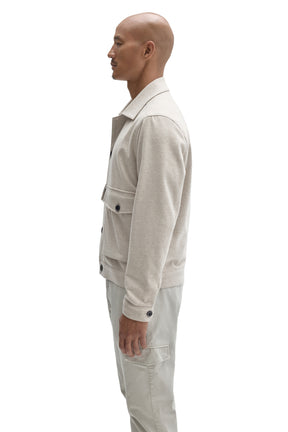 Robert Barakett men's cream textured button-front jacket with flap pocket, dark buttons and cuff tab, side view