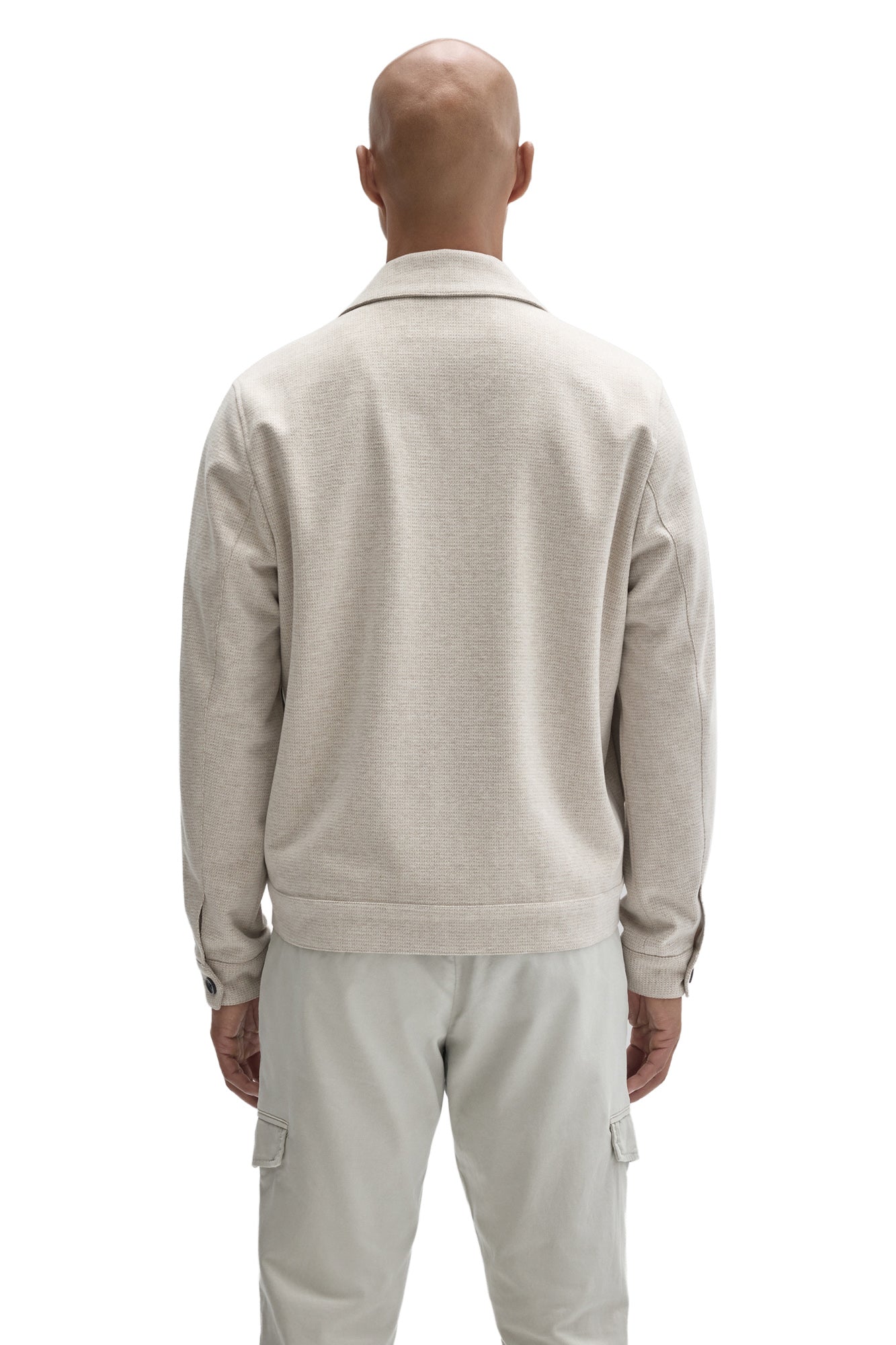 Robert Barakett men's cream textured button-front jacket with spread collar and straight bottom band shown from the back